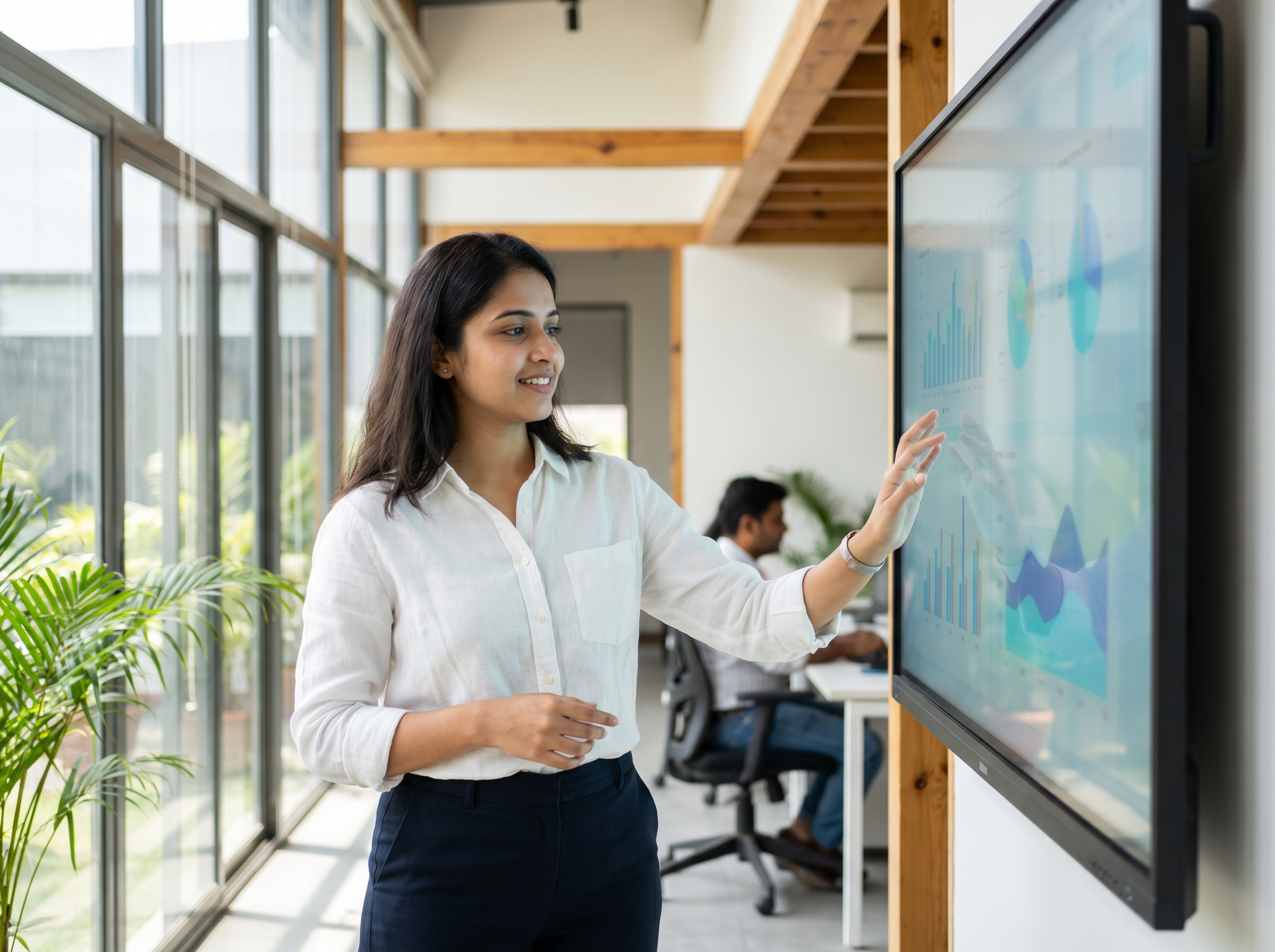 Indian business professional reviewing real-time ERP dashboard