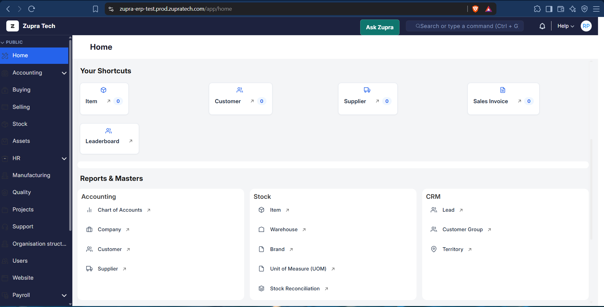 Zupra ERP dashboard showing shortcuts, accounting, stock and CRM modules